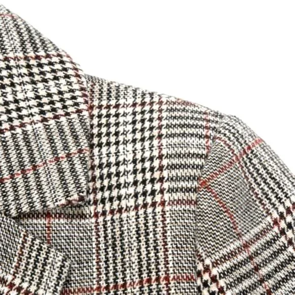 Tweed Blazer Plaid Houndstooth Work Suit Jacket Long Sleeve Notch Lapel